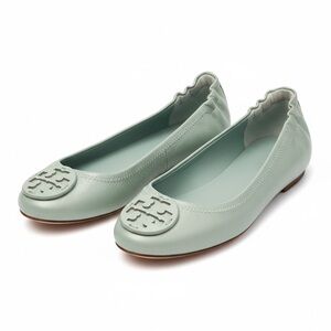 Tory Burch Minnie Travel Flats Audrey Blue Crinkle Metallic Leather 6.5 EUC